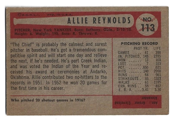 1954 Allie Reynolds (NY Yankees) Bowman Baseball Card