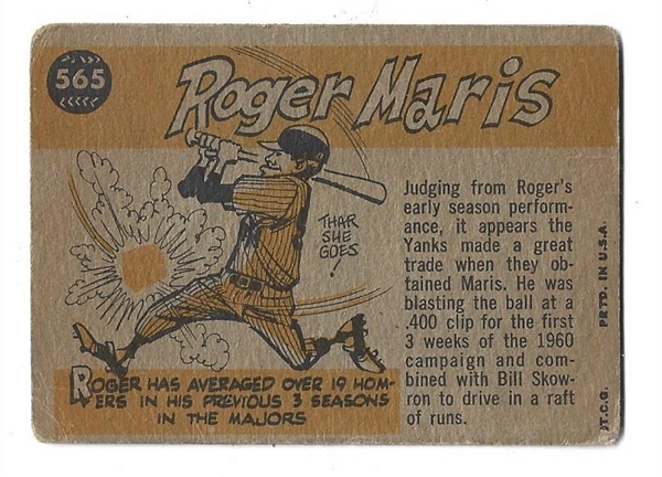 1960 Roger Maris (NY Yankees) All-Star Selection Card # 565 - High Number & Short Print