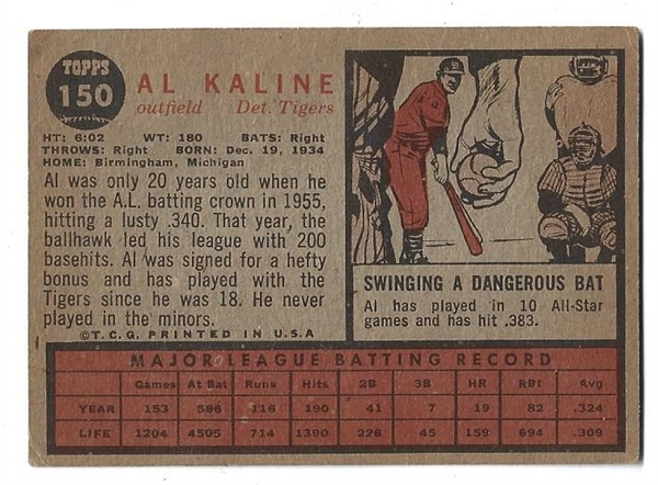 1962 Al Kaline (HOF) Topps Baseball Card