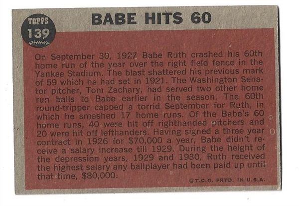 1962 Babe Ruth (HOF) Hits 60th Home Run Topps Baseball Card