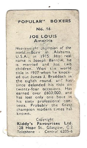 1948 - 50 Joe Louis (Heavyweight Champion) Kiddy's Favourites Boxing Card