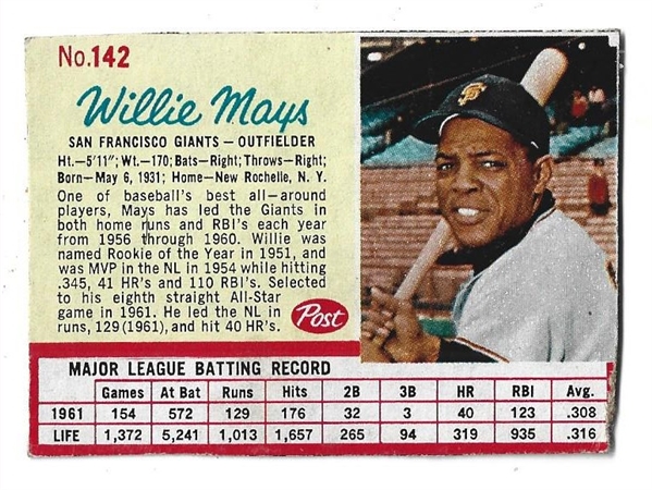 1962 Willie Mays (HOF) Post Cereal Baseball Card